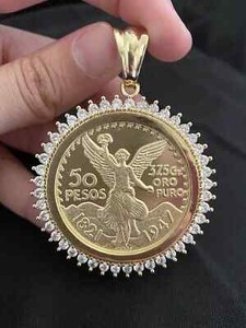 Authentic 1Ct Round Lab CreatedDiamond 50 Pesos Moneda Coin Pendant 14k Yellow Gold Plated