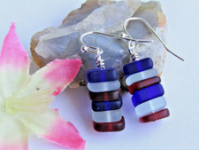 Handmade Stacked Red Blue White Sea Glass Beach Stone Pebble Silver Earrings