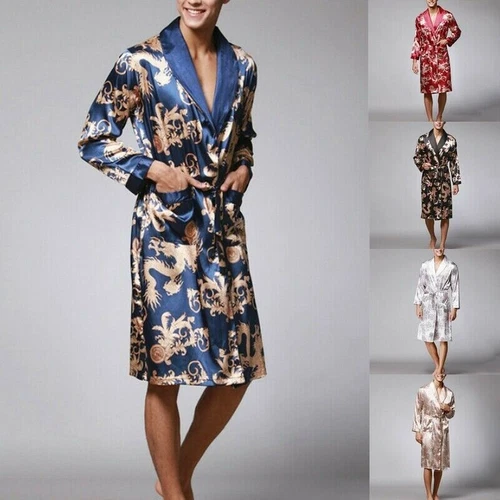 Men Satin Pajamas Robe Dragon Bathrobe Dress Gown Kimono Night Loungewear - Bild 2 von 20