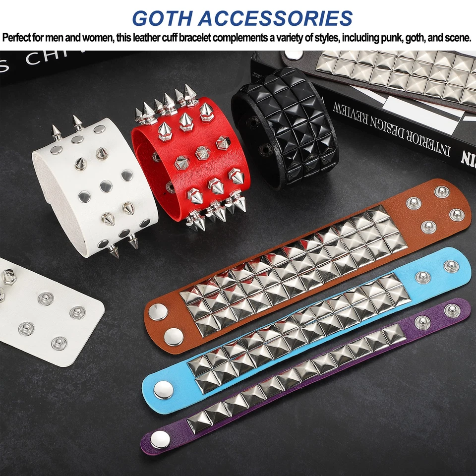 3 件装皮革朋克手链 8.7 英寸/22 厘米方形铆钉哥特手链,紫色 — 第 4/4 张图片