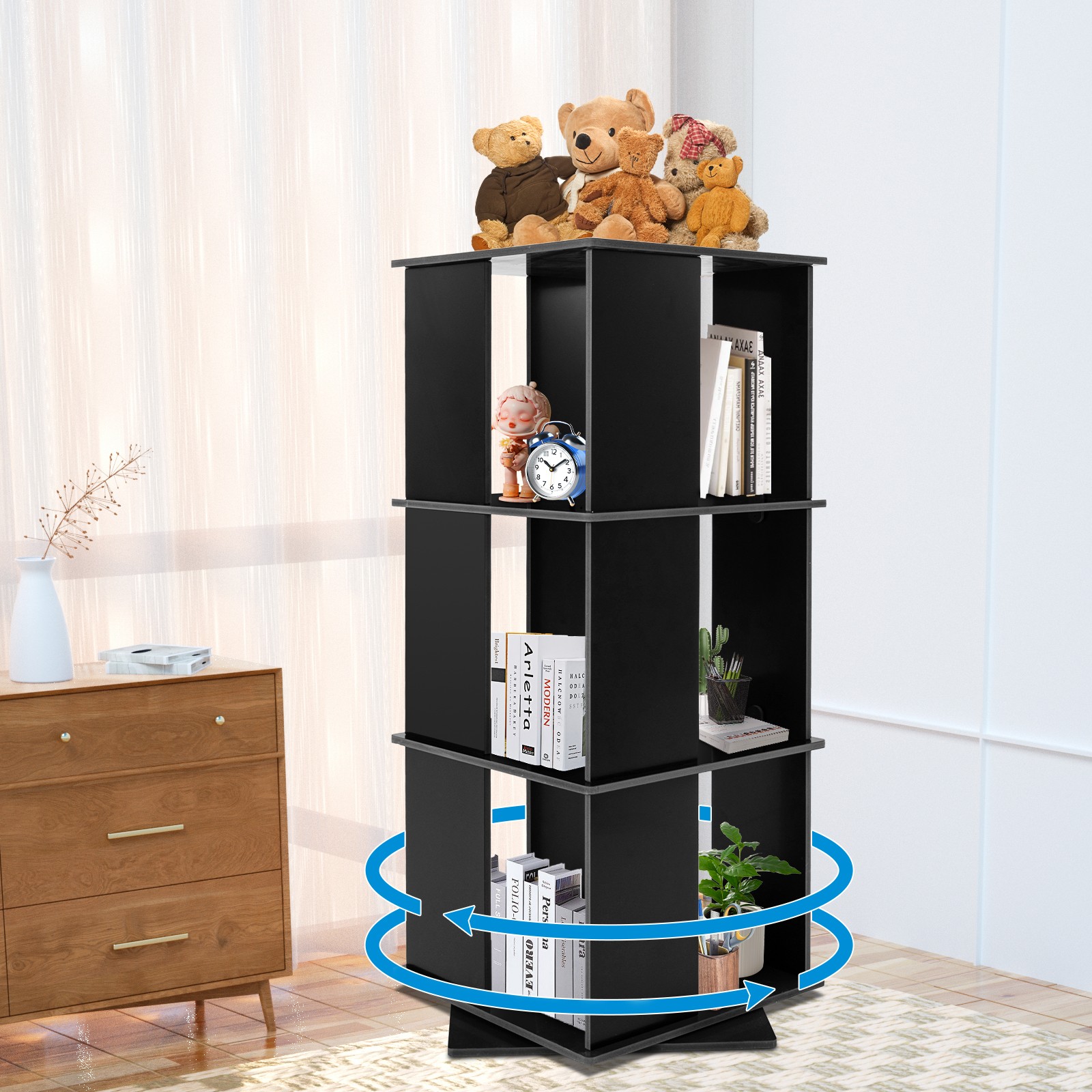 3-Tier 360° Rotating Wood Bookcase Display Stand Storage Rack