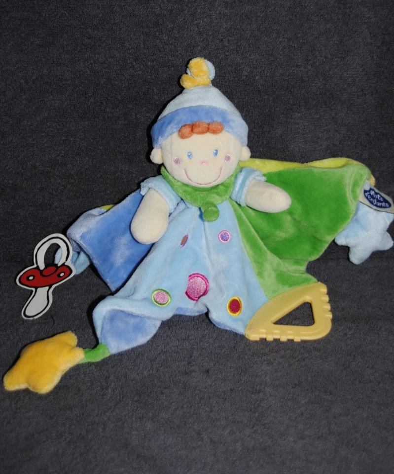 🍀Doudou Plat Lutin MOTS D'ENFANTS Clown Vert Bleu Attache Tétine Dentition TTBE - Photo 1/3