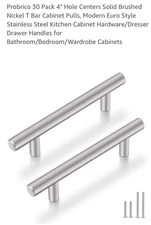 Probrico 30 Pack 4" Hole Centers Solid Brushed Nickel T Bar Cabinet Pulls #1080