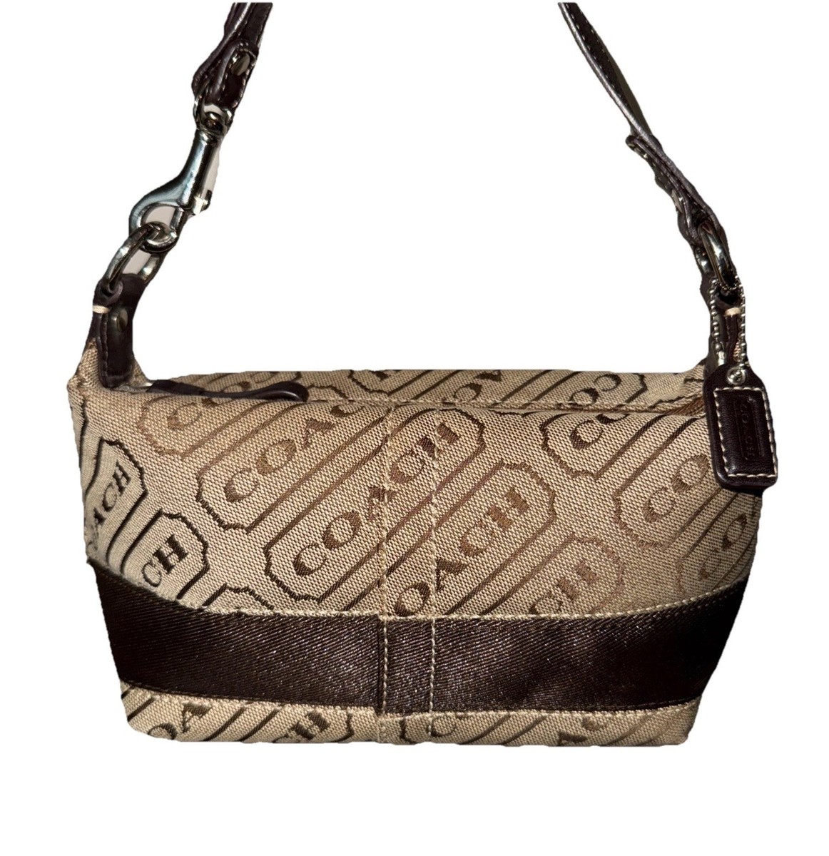 Coach Signature Tan Brown Demi Mini Pochette Baguette Logo Striped