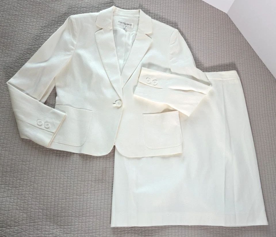 Jones New York Suit Petite 2 Piece Jacket Skirt White Cotton Blend Lined sz 14P - Image 3 of 4