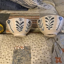 Set Of 2 Now Designs Element Stoneware Bowls Blue n Beige Floral