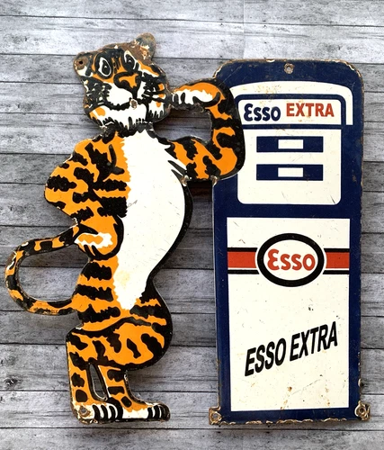 VINTAGE 14x12.5" ESSO EXTRA TIGER GASOLINE MOTOR OIL PUMP STATION PORCELAIN SIGN