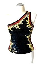 THIERRY MUGLER SEXY BLACK TOP FLAMES FIRE SEQUINED FRONT ONE SHOULDER JERSEY S