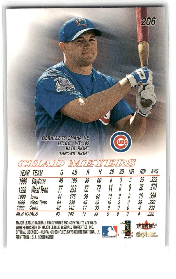 Chad Meyers 2000 SkyBox Baseball #206 Chicago Cubs - Image 2 of 2