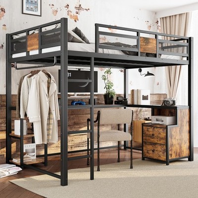 Full Loft Bed with Deskand Storage Non woven Fabric Drawers Metal Loft Bed Frame