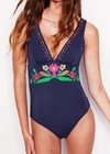 Boden Embroidered Swimsuit Blue Size 16 Long Non Wired Padded Deep Plunge New