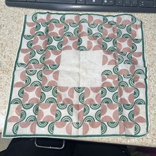 Vintage Geometric Handkerchief Green Tan 12 x 12 100 Cotton Some Faint Staining