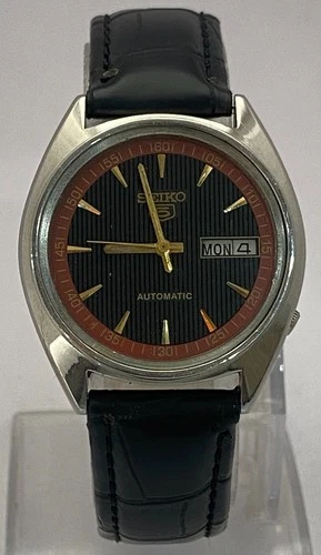 Vintage Casual Seiko5 Black Dial Automatic Watch 6309 with "D/D" Leather Strap
