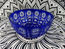 Bohemian Cobalt Blue Cut To Clear Queens Lace Crystal Center Piece Bowl,  signed