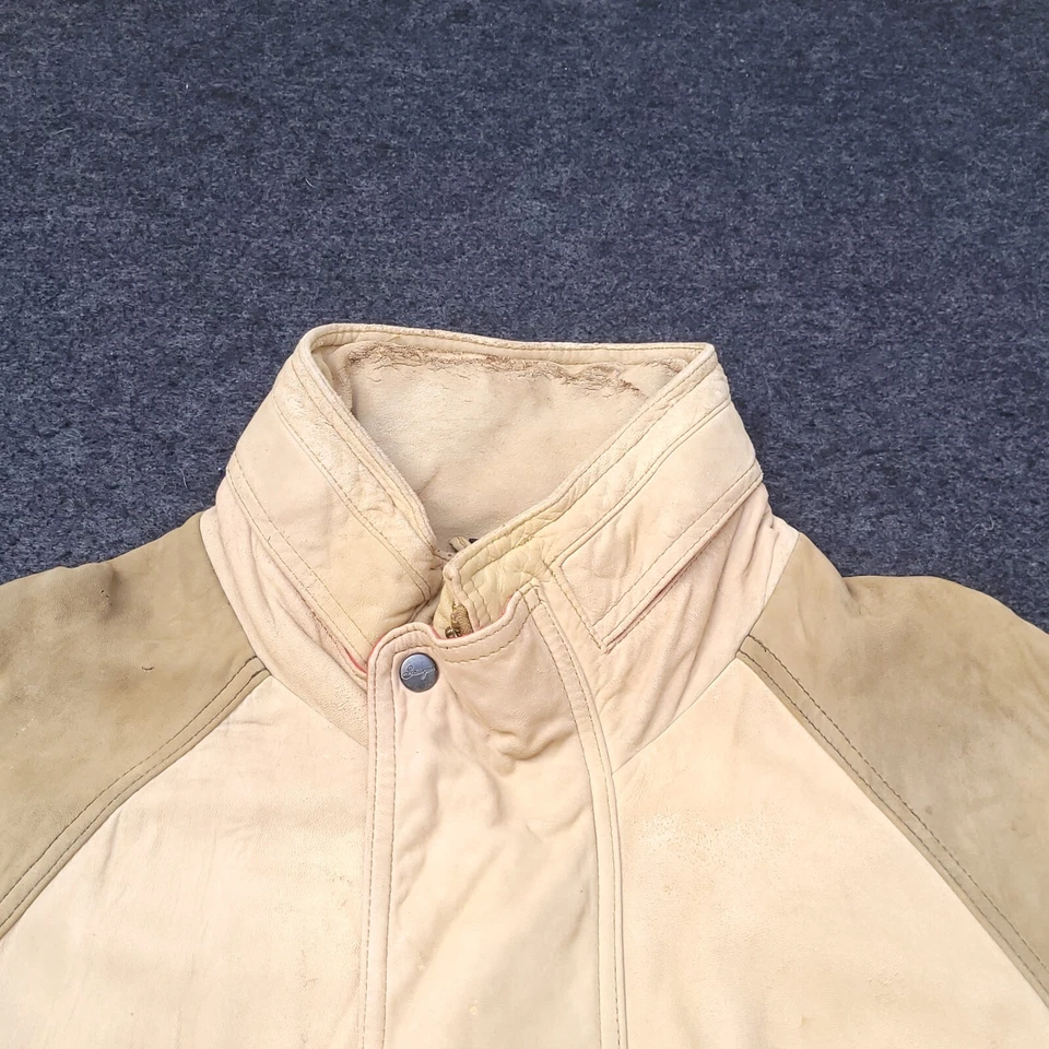 Chaqueta de bombardero vintage de cuero de oveja Sawyer Of Napa para hombre grande beige lana cremallera Foto 2 de 4