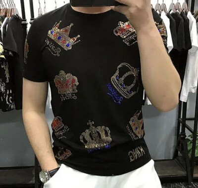 New Men Luxury Rhinestones Fashion Diamond Black White T-Shirt High Quality