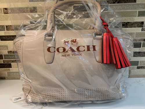 COACH Perforated Leather Satchel Bisque/Hibiscus - Picture 4 of 15