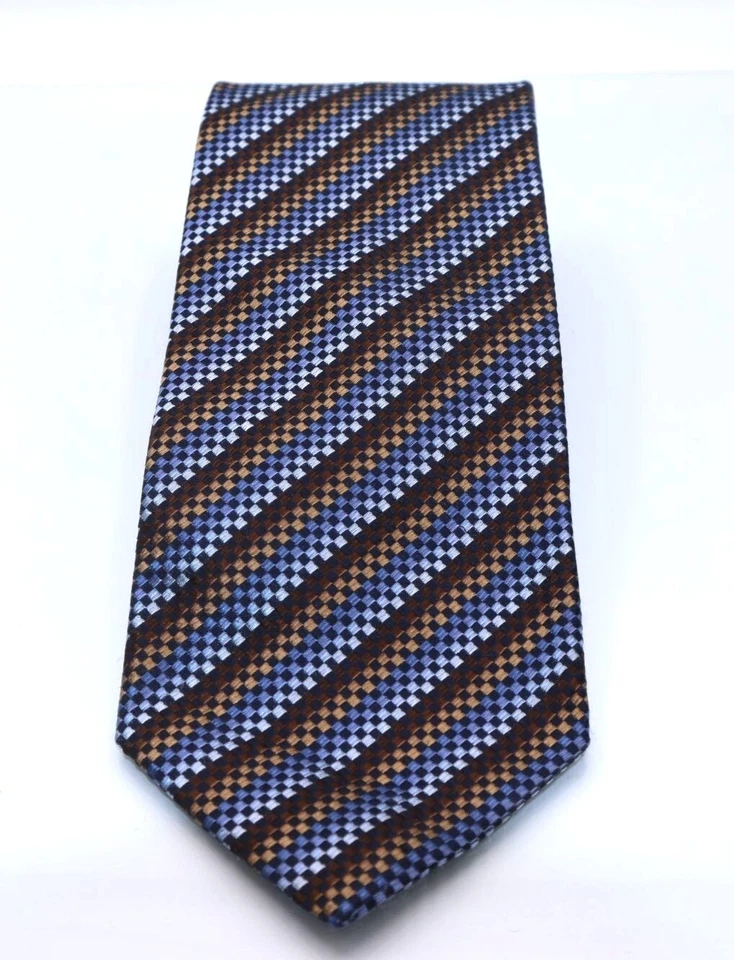 Corbata de seda Isaia Napoli para hombre patrón a cuadros hecha en Italia marrón y azul de lujo Foto 4 de 4