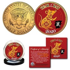 2020 Chinese New YEAR OF THE RAT 24K Gold Plated JFK Kennedy Half Dollar US Coin