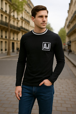 Armani Aj Herren T-Shirt Shirt Schwarz Baumwolle Rundhals Langarm M Medium