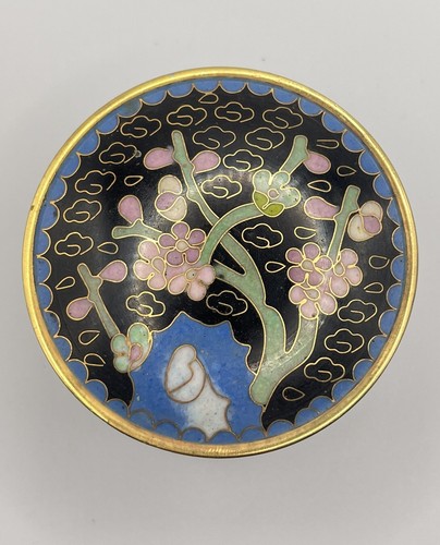 Antique Gilt Cloisonne Covered Trinket Pill Box Black Cherry Blossoms Small - Picture 7 of 18