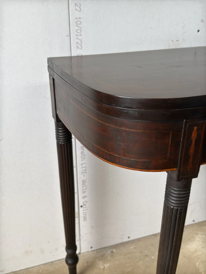 Mesa de cartas de juego de caoba antigua 1820 caña federal Sheraton incrustación de cinta Foto 3 de 4