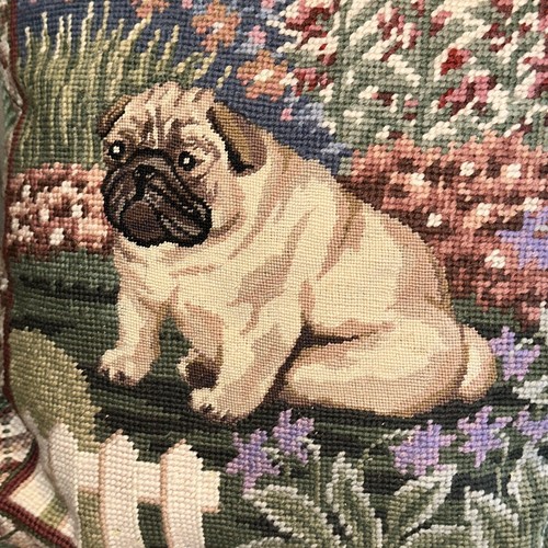 PETIT POINT Wool Needlepoint Pug Dog Pillow Garden Flowers White picket Fence - Picture 10 of 11