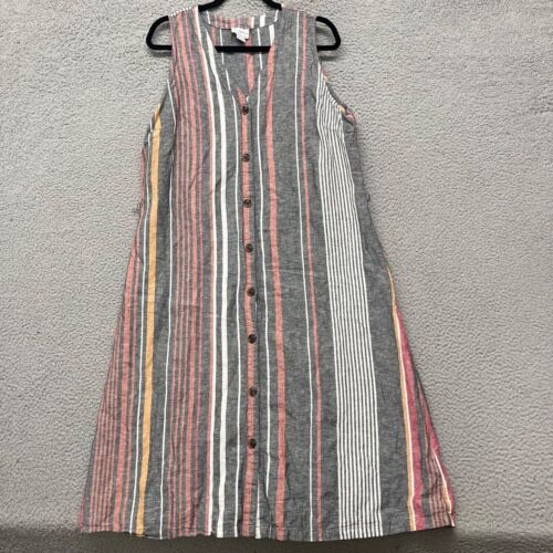 Liz Claiborne Linen Dress Womens XL Striped Midi Sleeveless Coastal Lagenlook