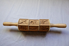 Vintage Wooden Embossed Rolling Pin Cookie Dough Cutter Animals Fruit Boat Fish