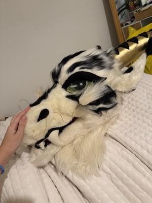 Fursuit Head, Dragon, Follow Me Eyes, White And Gray, Movable Tongue, Cosplay