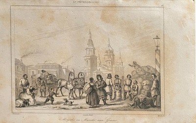 Gravur Russland 1838 St Petersburg Muje k s auf dem Markt Getreide