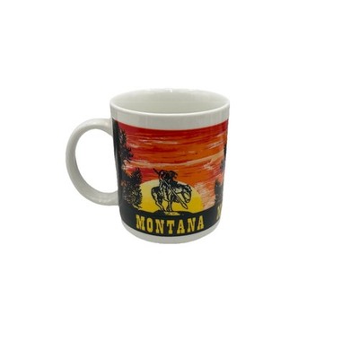 Montana End of the Trail Souvenir Coffee Mug Native Am Warrior Orange Sunset EUC