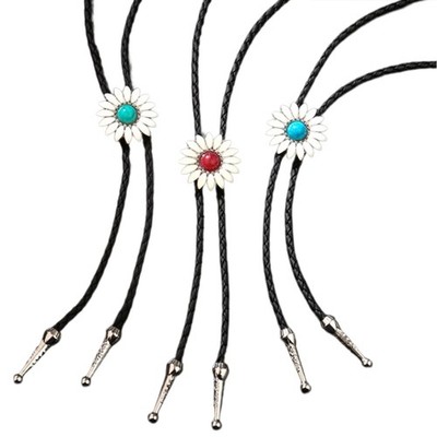 3Pcs Daisy Stone Pendant Bolo Tie for Men Women Western Leather Cord Necktie