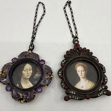 Enamel Crystal Picture Frame Ornament Victorian Style Jeweled Black & Brass Tone