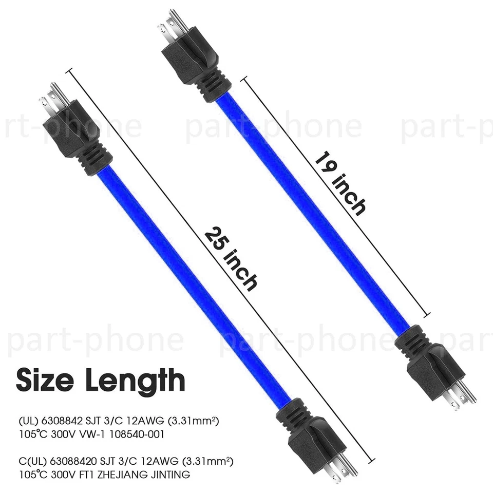 3 Prong Plug 125V Double Male Extension Cord NEMA 5-15P to 5-15P Blue - Image 3 of 4