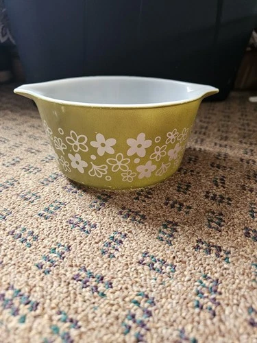 Vintage Pyrex Avocado Green Crazy Daisy 1 Pt Casserole - #471 -  No Lid