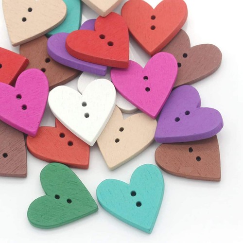 100PCs Wood Buttons Sewing Scrapbooking Love Heart Mixed 24mmx23mm(1" x 7/8")