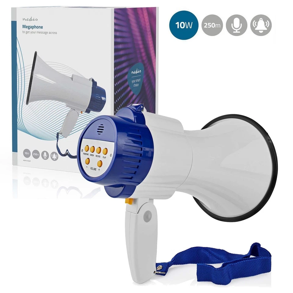 MEGAFONO SIRENA INTEGRATA 10 W TRACOLLA 250M 115DB REGISTRA NEDIS ITALIA