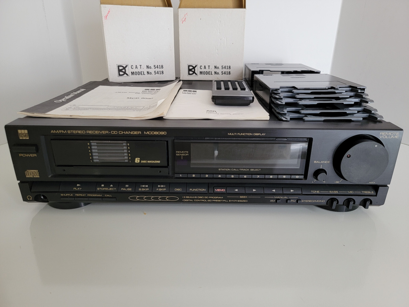 6 CD CHANGER W/REMOTE, BSR MCD-8090 AM/FM RECEIVER, 2 MAGAZINES, MANUAL