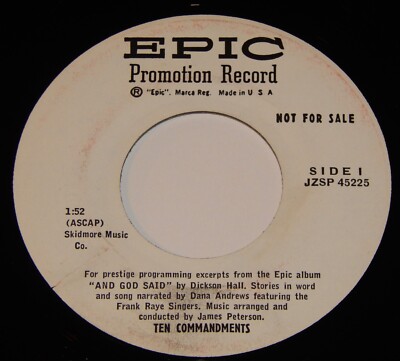Vintage Record, DICKSON HALL: TEN COMMANDMENTS, PROMO 45 rpm, 1958, Spoken Story