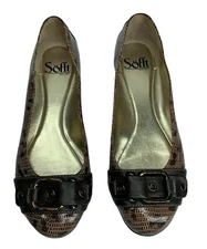 Womens SOFFT Size 6.5 M Flats Brown Tone Animal Print Leather Shoes With Buckle