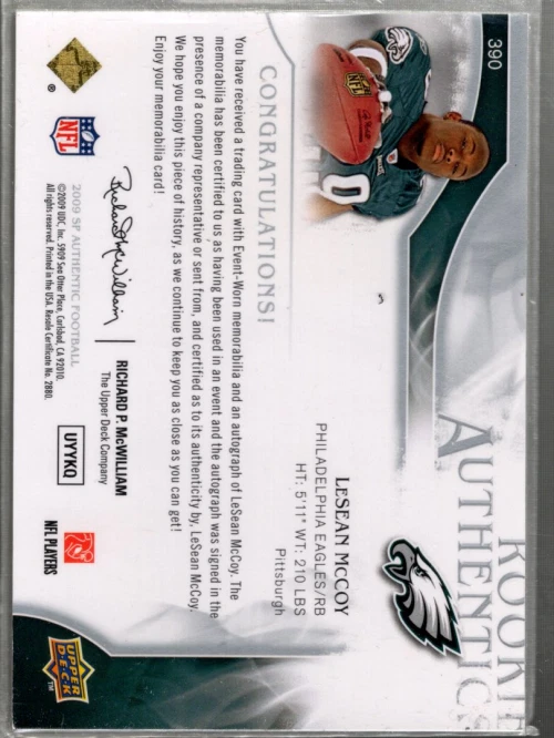 A1642- 2009 SP Authentic #390 LeSean McCoy RC Auto Patch /999 SAMPLE PIC - Image 2 of 2