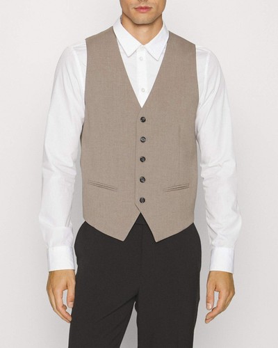 Herren Weste Beige Tweed Anzug Jackett Sakko Formel Hochzeit Business Elegant - Picture 11 of 12