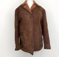 LANGMORE TRUE VTG SHEARLING COAT LADIES SHEEPSKIN SUEDE BROWN WINTER JACKET M 14