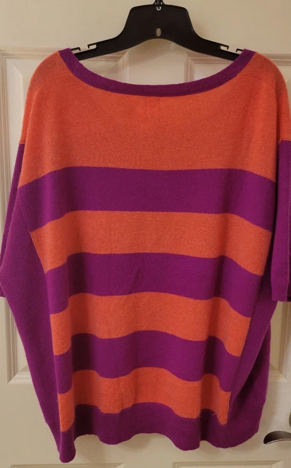 Cashmere Women's Loose Style Sweater 3/4 Sleeves Stripes Orange Magenta XL - Image 2 of 4
