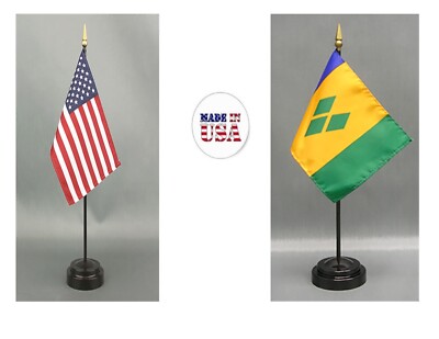 Made in the USA--1 American & 1 Country Rayon 4''x6'' Office Desk Flag & 2 Stands