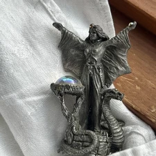 Pewter Enchanted Sorceress with Dragon and Crystals