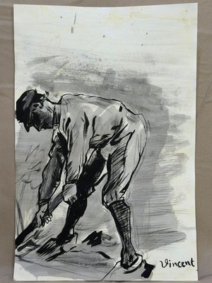 VINCENT VAN GOGH drawing and painting on old paper signed stamped vintage