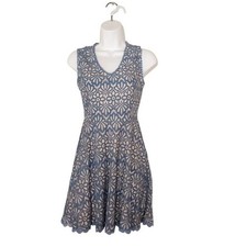 Dress Forum Blue Floral Lace Sleeveless Fit Flare Mini Dress Pom Pom Trim Small