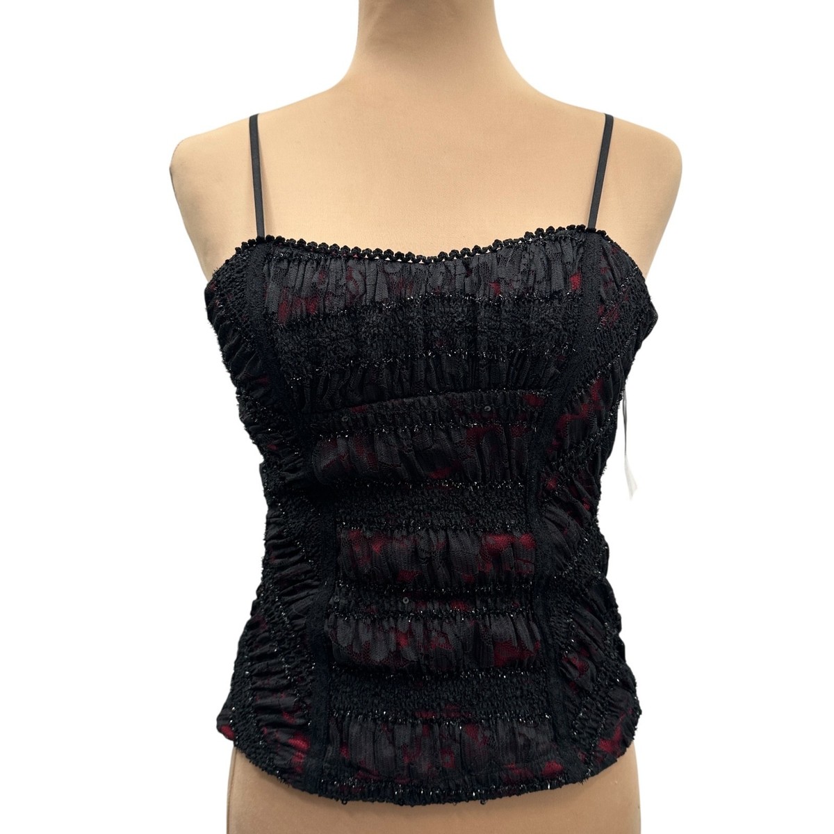 90s Takara Lace Embellished Spaghetti Strap Top Medium Black Red